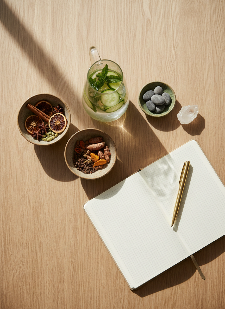 A meticulously arranged flat lay of holistic wellness tools on a smooth, light oak tabletop: a frosted glass water carafe infused with cucumber and mint, matte ceramic bowls filled with colorful whole spices, a linen-bound wellness journal open to a clean page, and a sleek brass pen resting diagonally. A small, moss-green ceramic dish holds polished river stones beside a clear quartz crystal. Soft morning daylight streams from the left, creating gentle, elongated shadows and subtle highlights on glass and metal. The mood is serene, intentional, and sophisticated. Captured from a perfectly overhead, photographic realism perspective with a shallow depth of field that slightly softens the outer edges, evoking a calm, high-end wellness brand aesthetic.