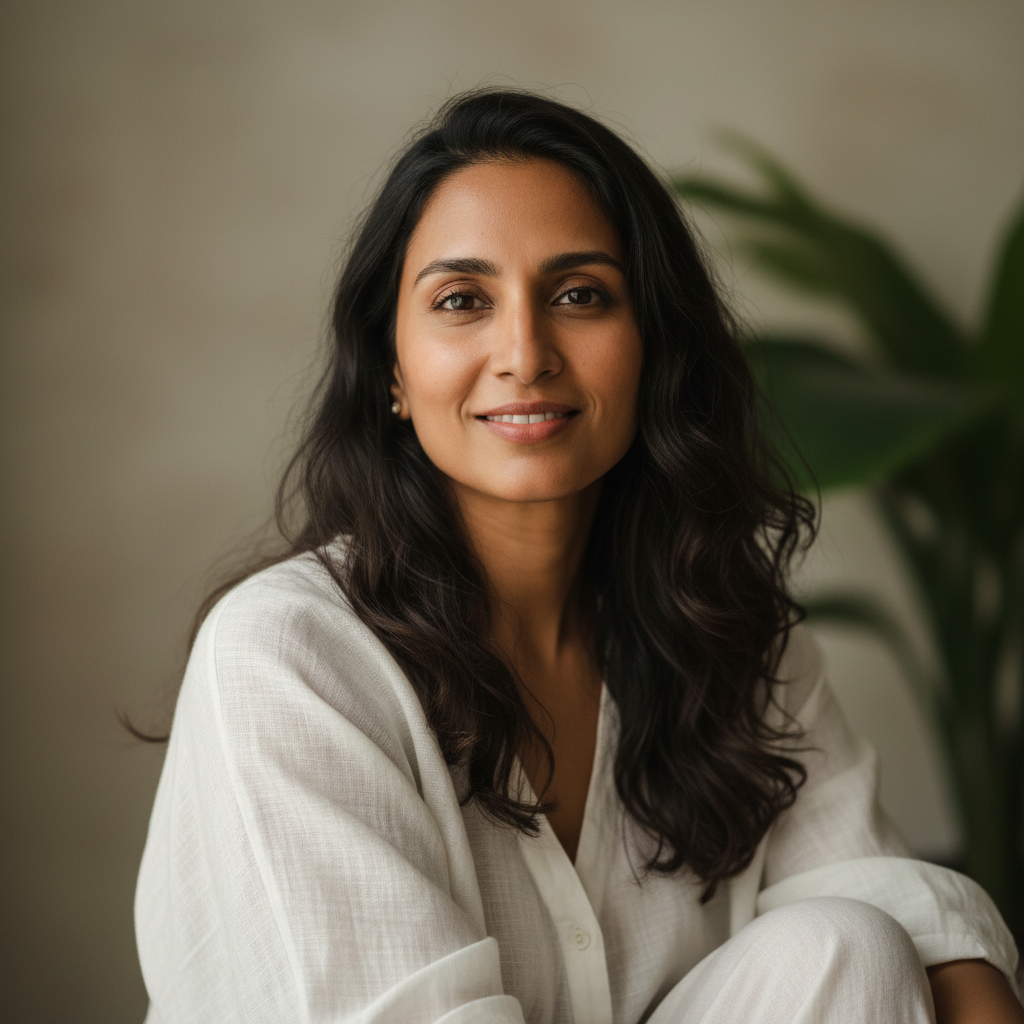 Square portrait photo of an Indian woman in her early 30s, looking confident and relaxed, soft natural light, minimal background, modern wellness brand photography style