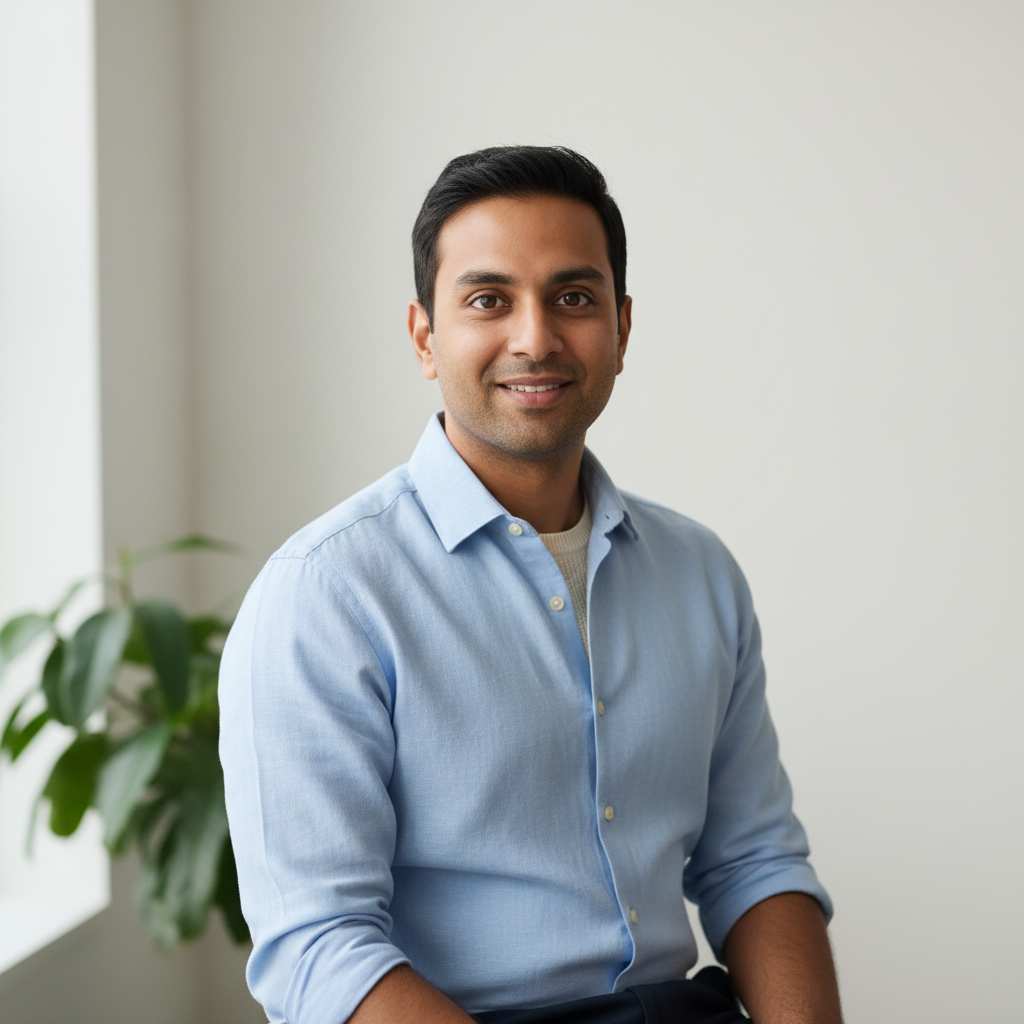 Square portrait photo of an Indian man in his early 30s, professional yet approachable, subtle smile, soft natural light, minimal background, modern wellness brand style, suitable for a testimonial section on a health and wellness website
