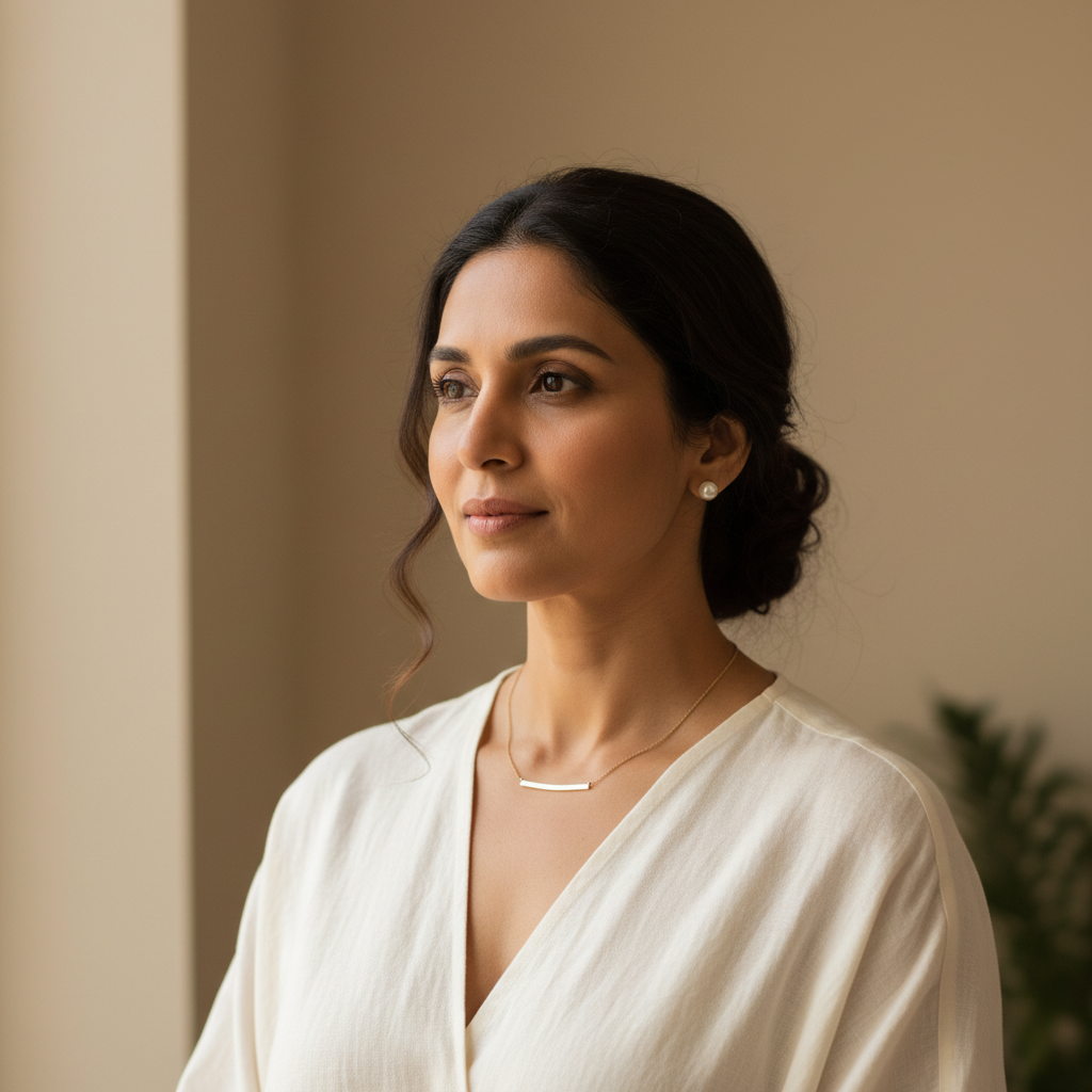 Square portrait photo of an Indian woman in her late 30s, calm and confident expression, soft natural light, clean neutral background, health and wellness vibe