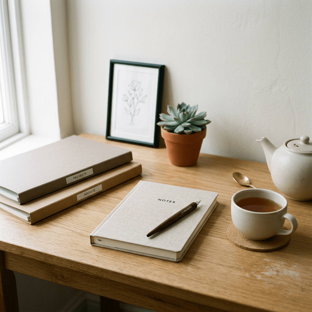 Minimalist desk still life journal tea folders
