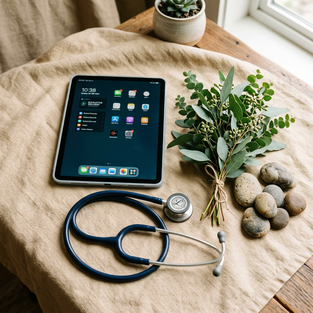 Tablet with medical apps, stethoscope, green leafy bouquet, smooth stones on beige cloth