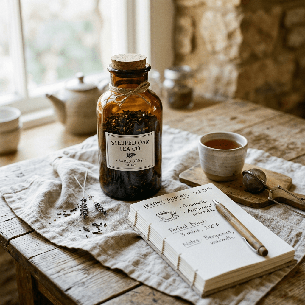 Vertical still-life amber bottle tea journal linen