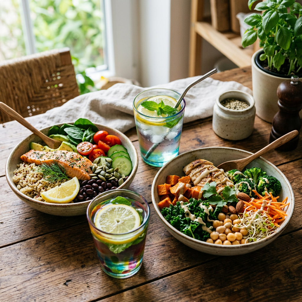Two bowls containing healthy meals with vegetables, grains, legumes, and a glass of lemon mint water each on a wooden table