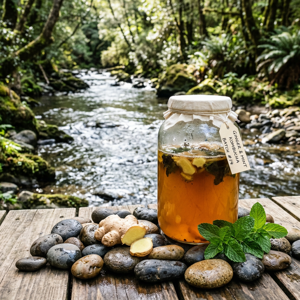 Kombucha jar, ginger, mint, river stones