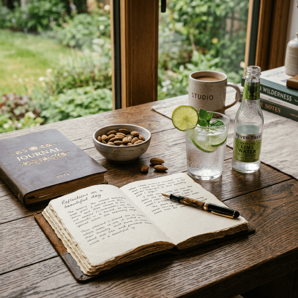 Open journal with handwritten text, pen, bowl of almonds, glass with lime water, mug, and books on wooden table by window